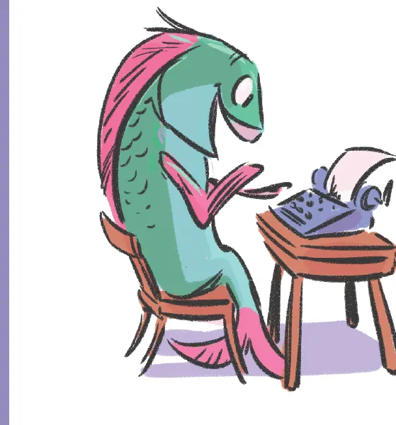 Colin Taufer's author illustration: a fish typing at a typewriter