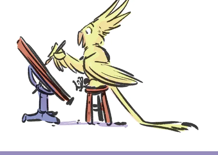 Jeff Snow's illustrator graphic: a yellow bird painting at an easel