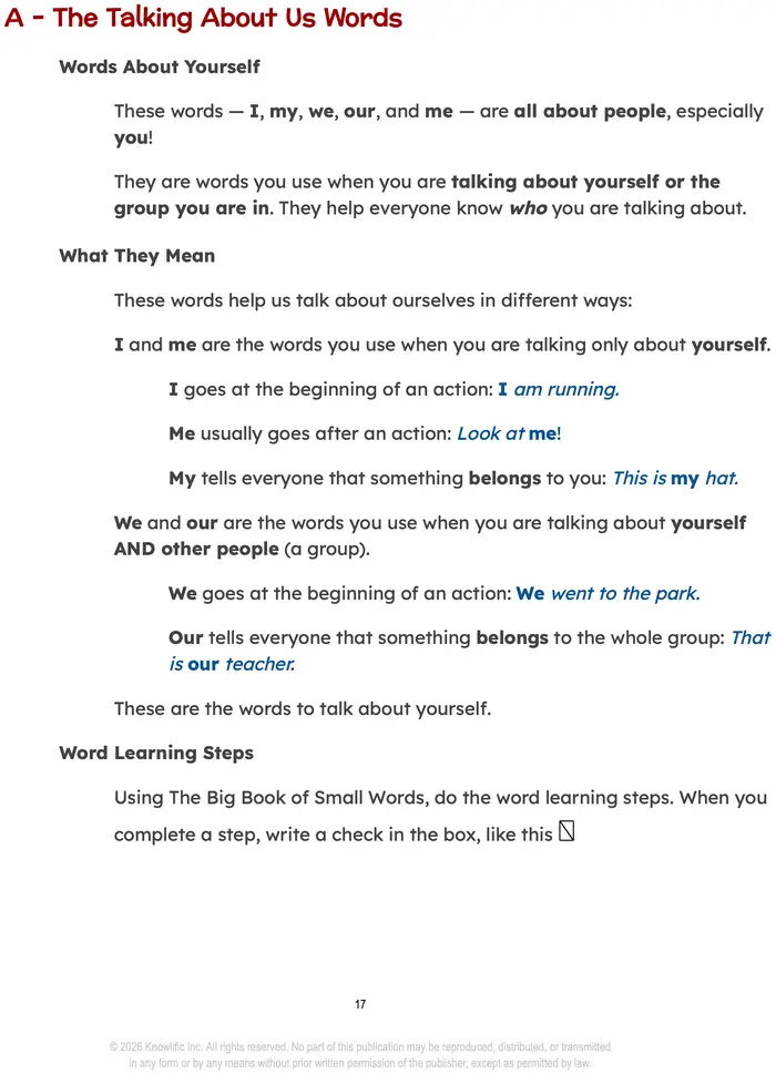 Workbook study page: word groupings and learning steps